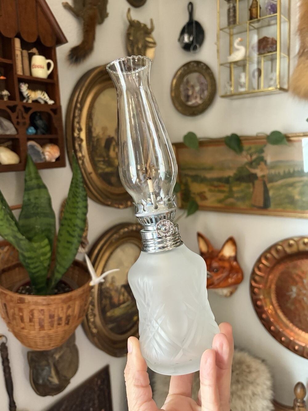 Vintage LampLight Farms Miniature Frosted Glass Oil Lamp Made In Austria 9.5”